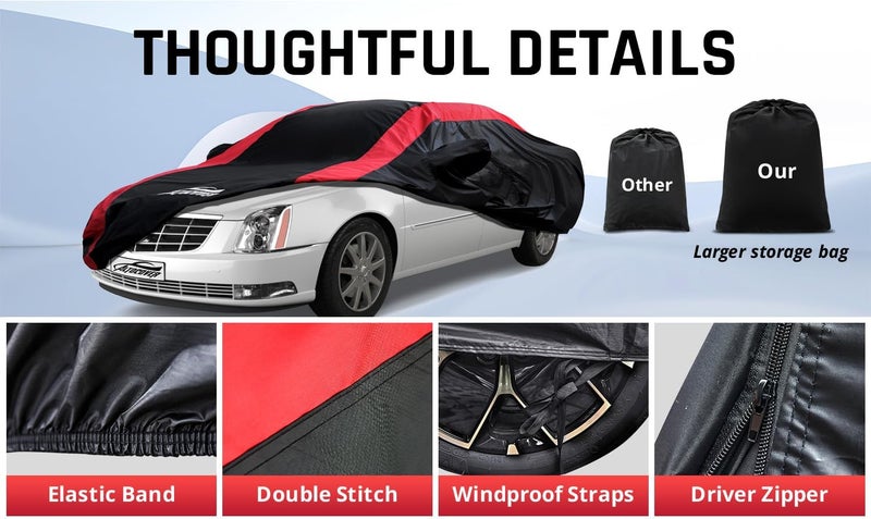 AltoCover Car Cover Waterproof All Weather with Red Strip Design, Custom Fit for DTS(2006–2011), XTS(2013-2019), CT6(2016-2020), DTS Accessory with Door Zipper & Windproof Straps - Image 5